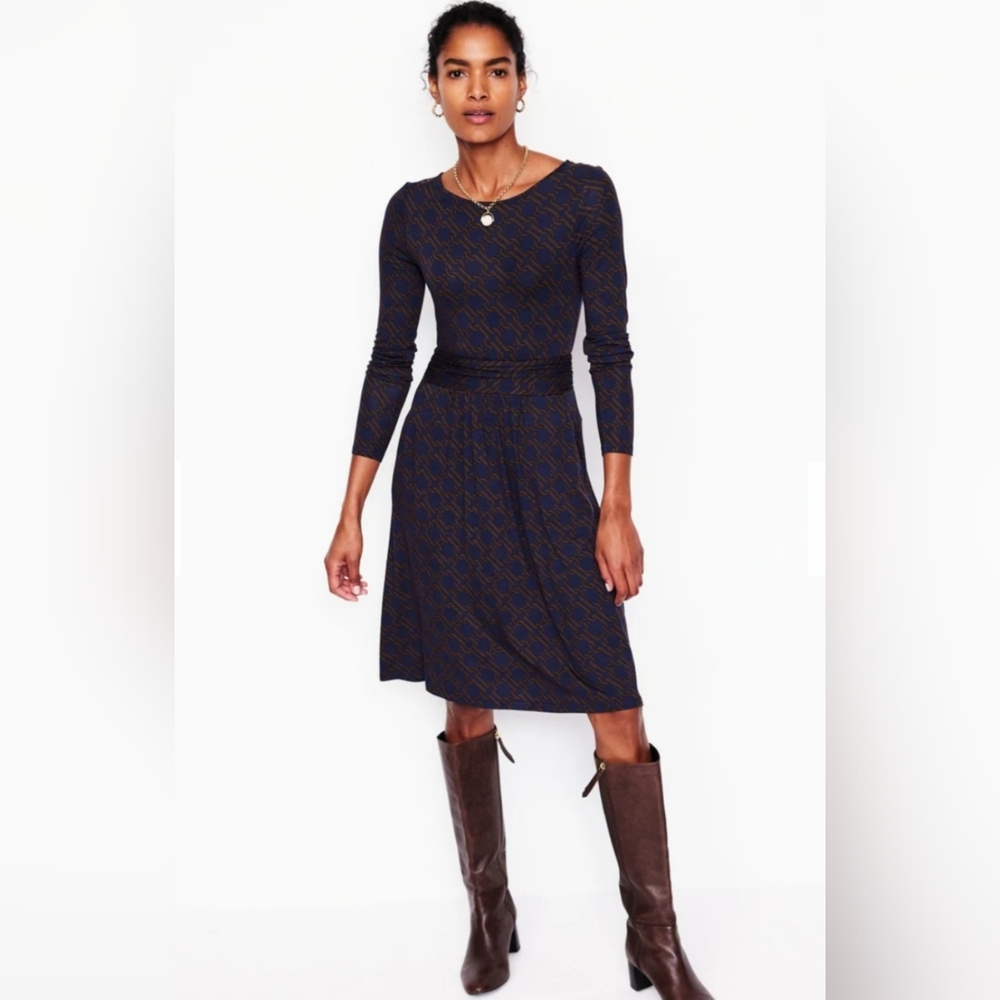 Boden Amelie Long Sleeve Dress, Navy and Brown, Size 8L